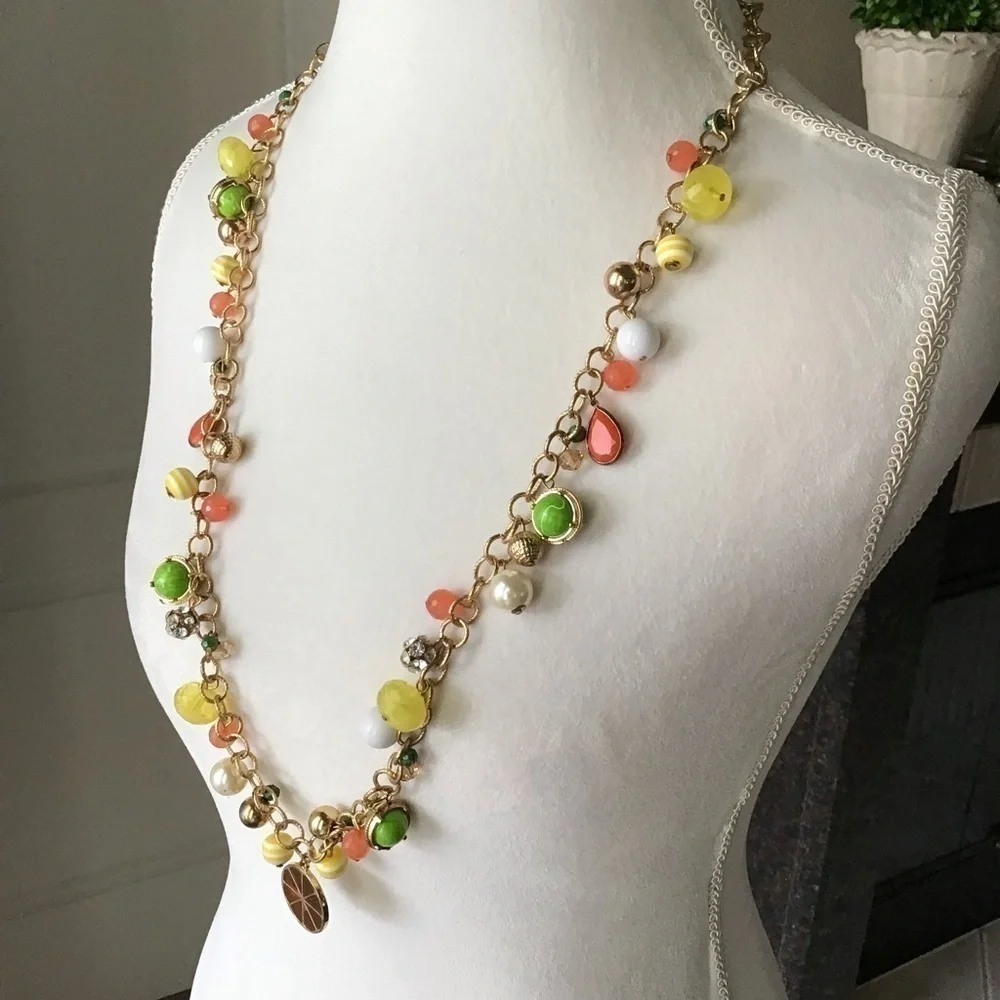 Citrus Baubles Necklace Orange Yellow White Green Gold Tone Beads Florida FL 35”